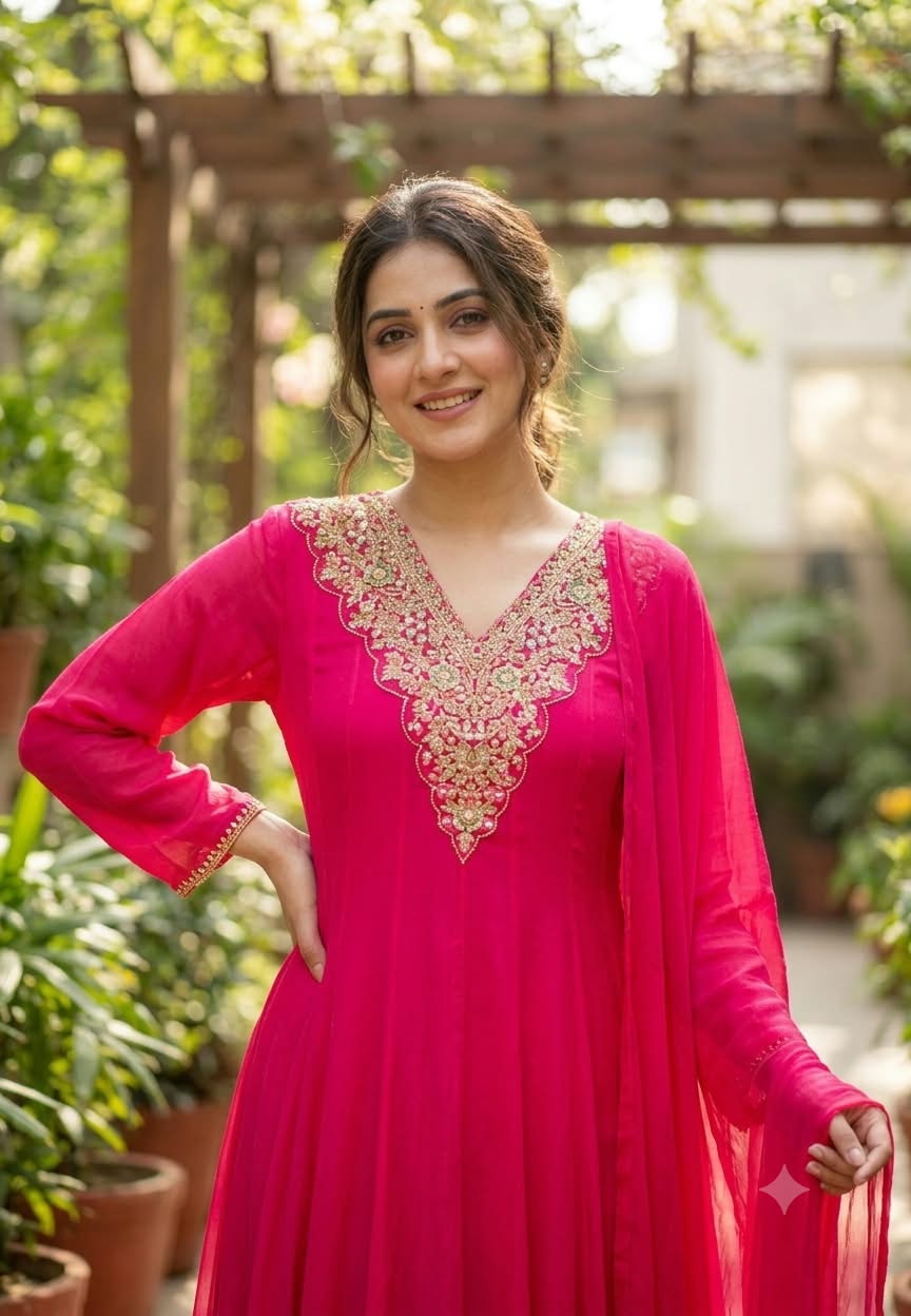 Fuschia Minimal Zardosi Intricate Embroidery Neckline Chinon Panel Anarkali Full Suit Set With Dupatta- 15859