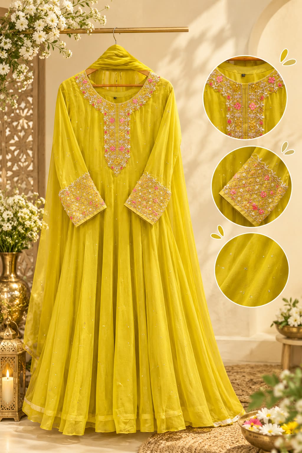 Mustard Elegance Pink Hightlights Floral Embroidered Front Work Panel Chinon Anarkali Full Suit Set With Dupatta- 16328