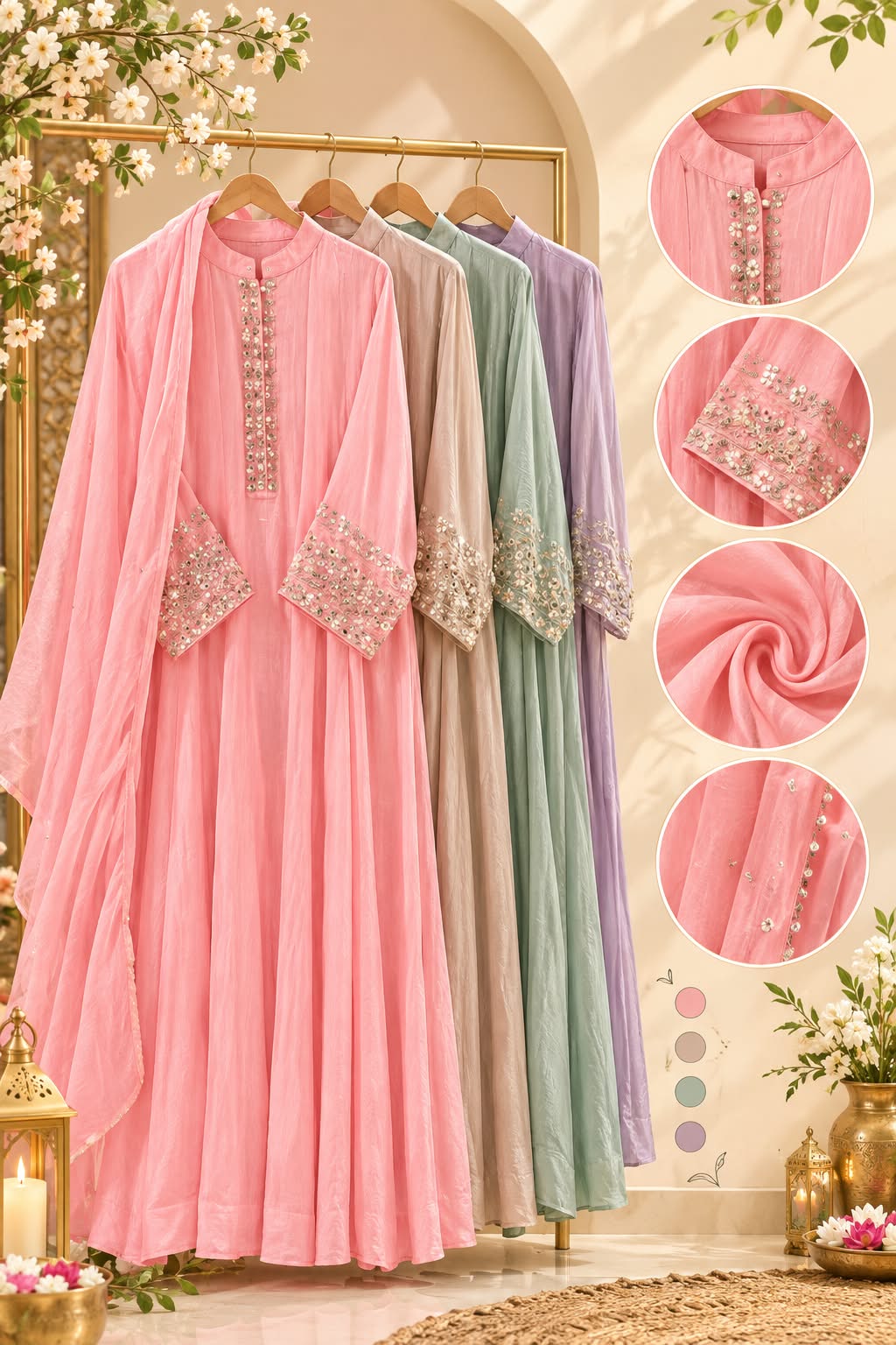 Pastel Tone Elegant Stone Work Over Neckline & Sleeves Full Neck Chinon Panel Anarkali Full Suit Set With Dupatta- 16305