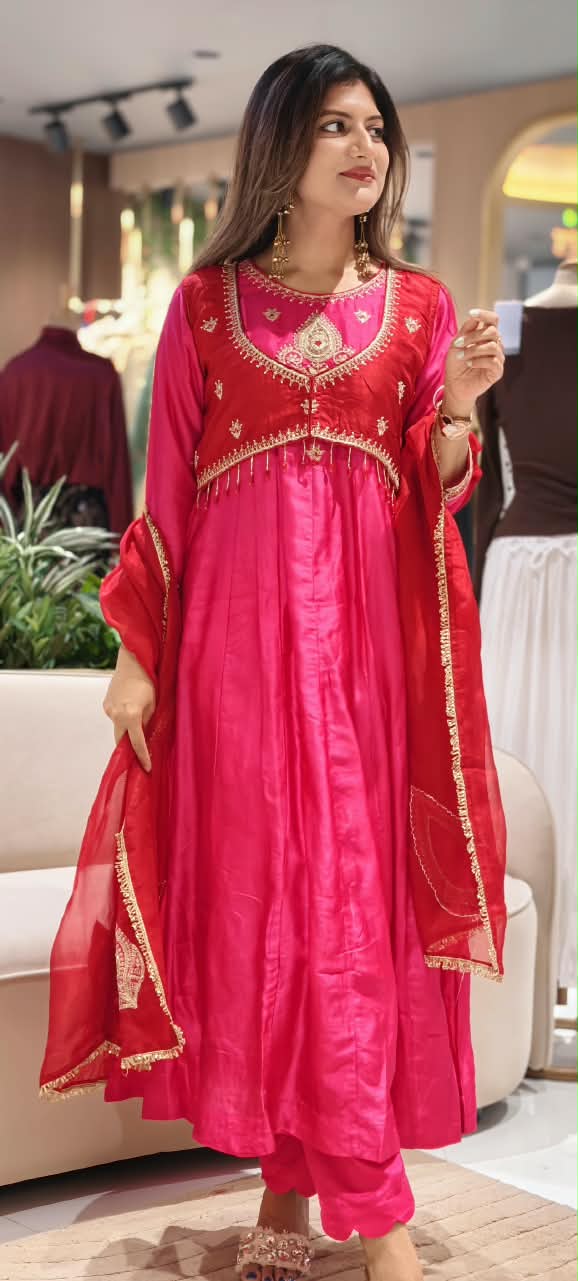 Premium Designer Look Vibrant Tone Waist-Coat Style Zardosi Embroidered Russian Silk Anarkali Full Suit Set With Dupatta- 16308