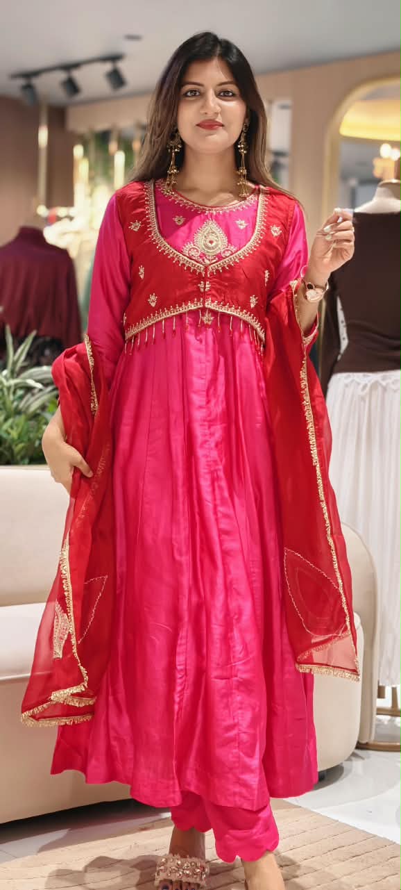 Premium Designer Look Vibrant Tone Waist-Coat Style Zardosi Embroidered Russian Silk Anarkali Full Suit Set With Dupatta- 16308