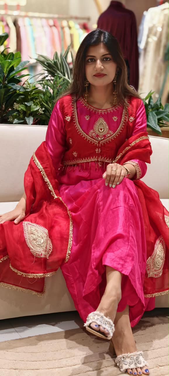 Premium Designer Look Vibrant Tone Waist-Coat Style Zardosi Embroidered Russian Silk Anarkali Full Suit Set With Dupatta- 16308