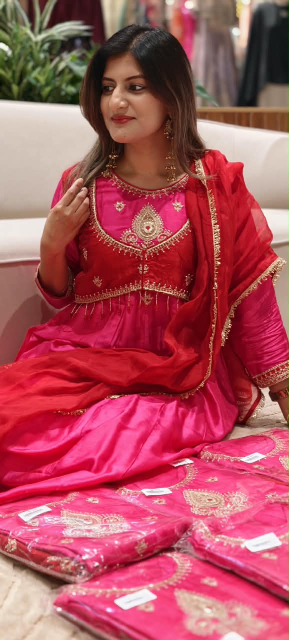 Premium Designer Look Vibrant Tone Waist-Coat Style Zardosi Embroidered Russian Silk Anarkali Full Suit Set With Dupatta- 16308