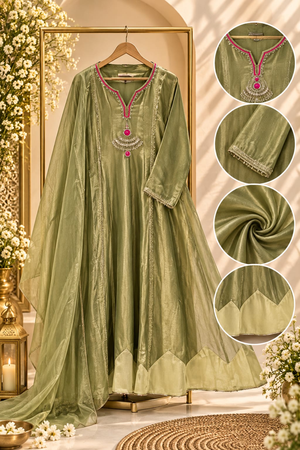 Minimal Tara Embroidery With Red Highlights Work Panel Tissue Anarkali Full Suit Set With Dupatta- 16296