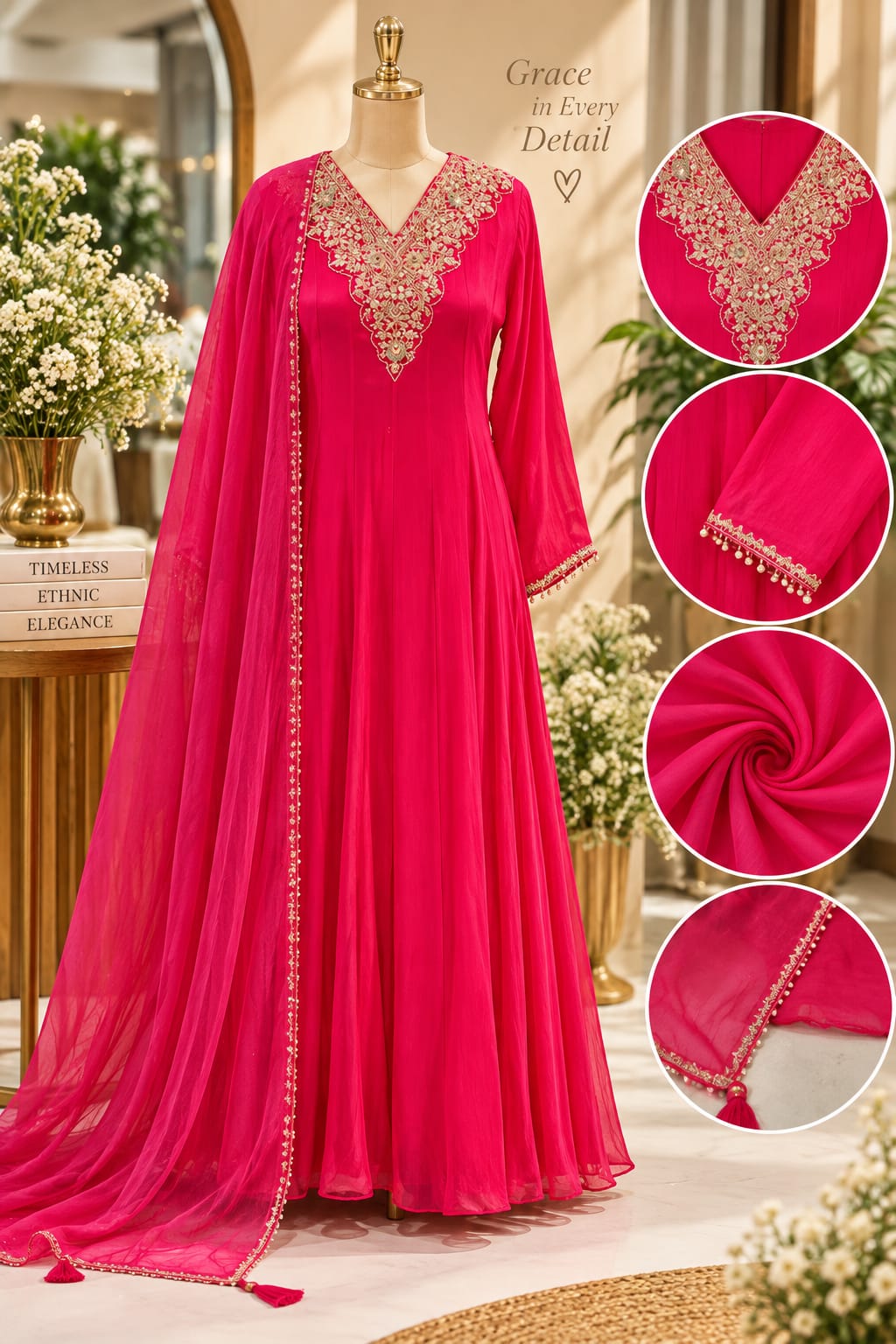 Fuschia Minimal Zardosi Intricate Embroidery Neckline Chinon Panel Anarkali Full Suit Set With Dupatta- 15859