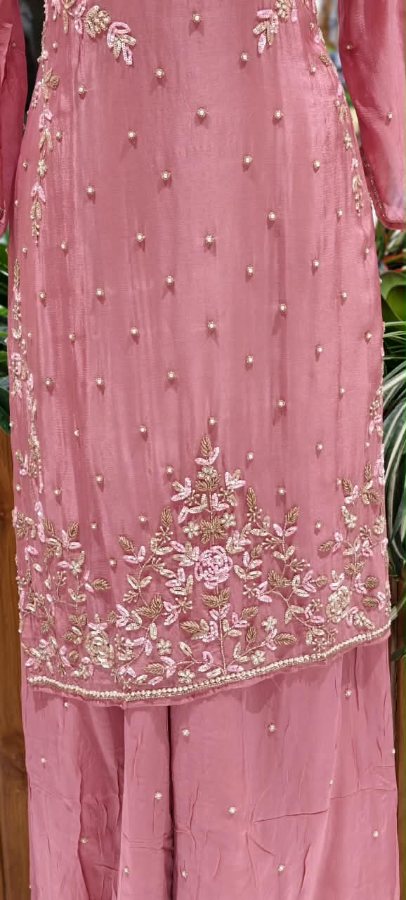 Elegant Blush Pearl & Zari Hand-Embroidered Chinon Straight Kurta Full Suit Set with Palazzo and Dupatta- 16329