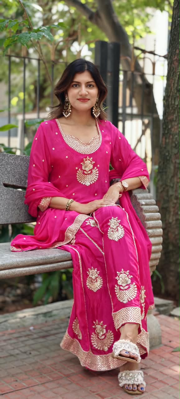 Rani Pink & Deep Purple Handcrafted Sequins Embroidered Kurti Palazzo Full Suit Set With Matching Dupatta- 16319