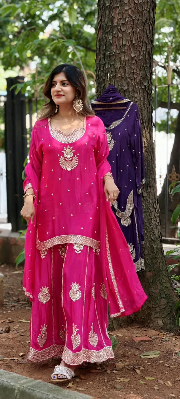 Rani Pink & Deep Purple Handcrafted Sequins Embroidered Kurti Palazzo Full Suit Set With Matching Dupatta- 16319
