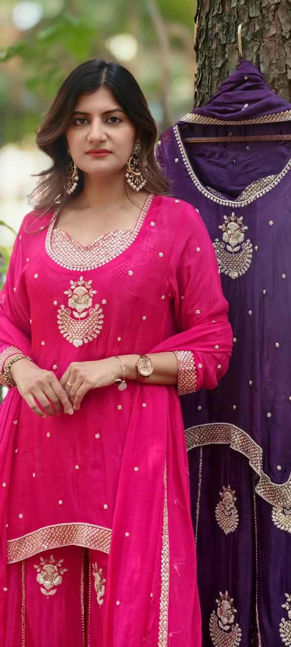 Rani Pink & Deep Purple Handcrafted Sequins Embroidered Kurti Palazzo Full Suit Set With Matching Dupatta- 16319