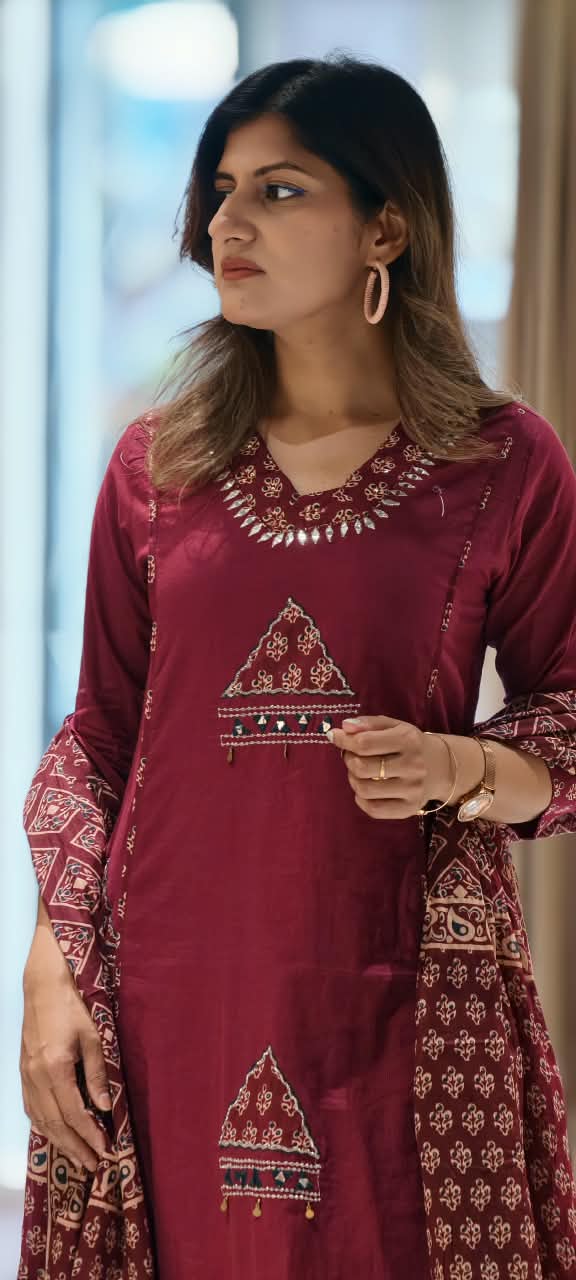 Geometric Patch Yoke Mirror Work Side Panels Cotton Full Suit Set with Block Printed Dupatta- 16318