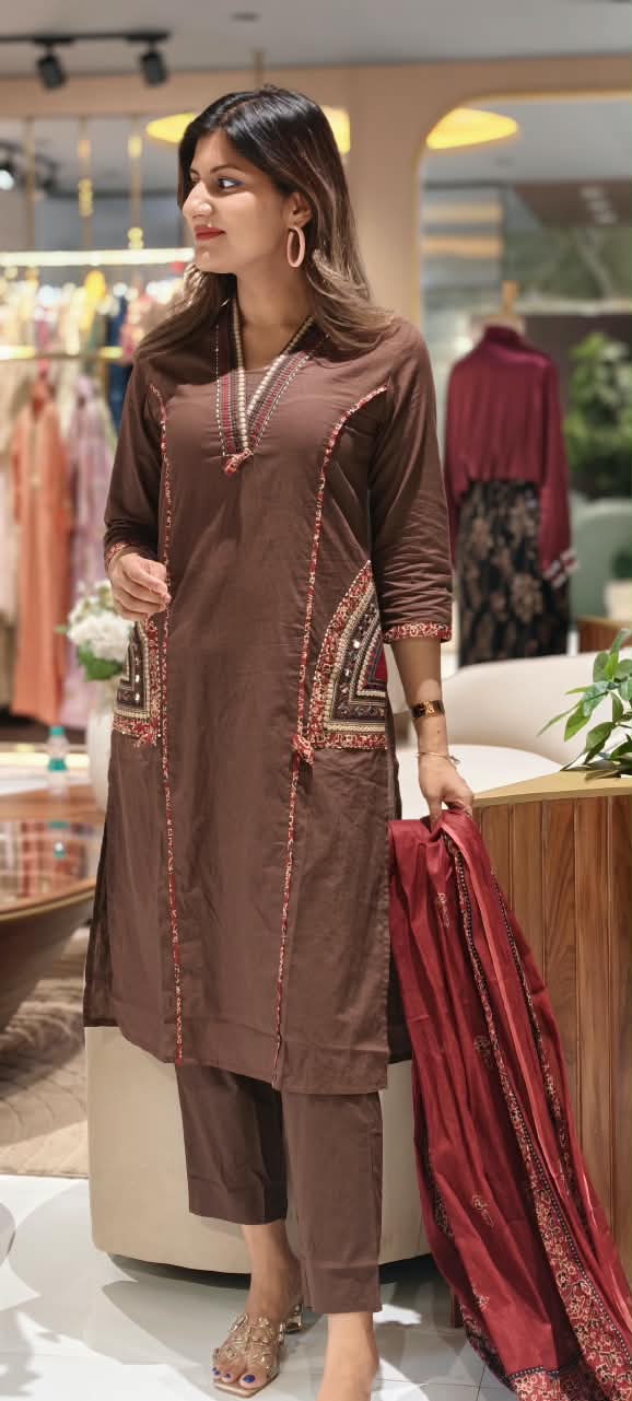 V-Neck Ethnic Ajrakh Applique Printed Straight Cotton Full Suit Set with Dupatta- 16316