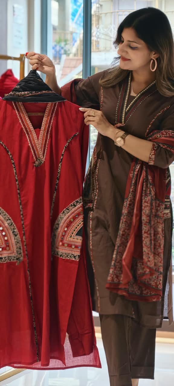 V-Neck Ethnic Ajrakh Applique Printed Straight Cotton Full Suit Set with Dupatta- 16316