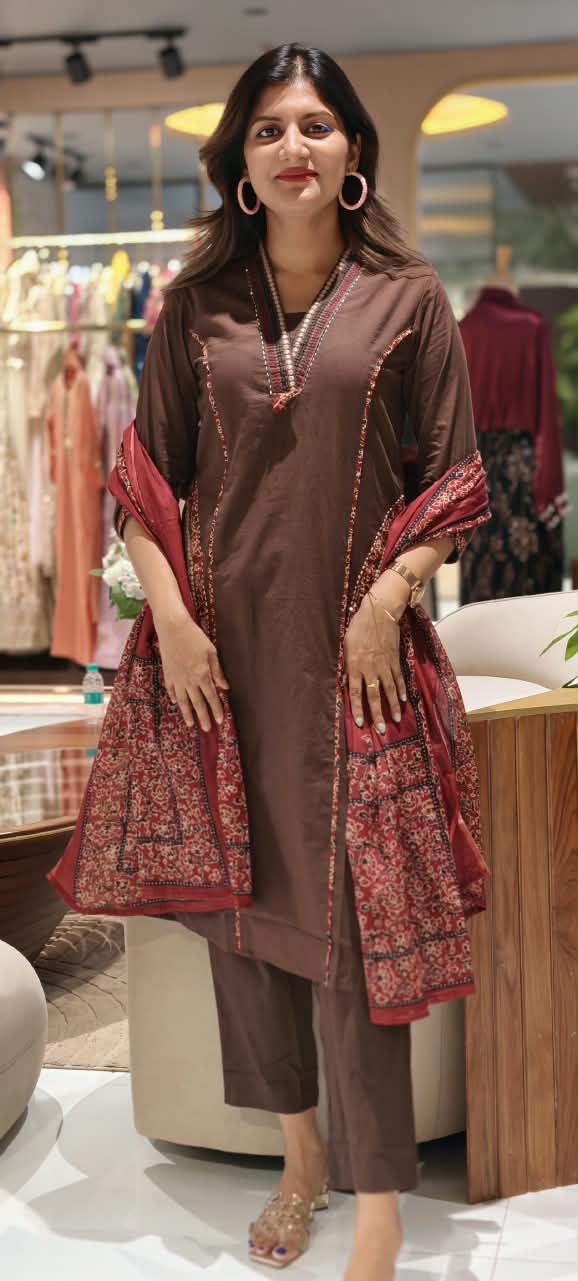 V-Neck Ethnic Ajrakh Applique Printed Straight Cotton Full Suit Set with Dupatta- 16316