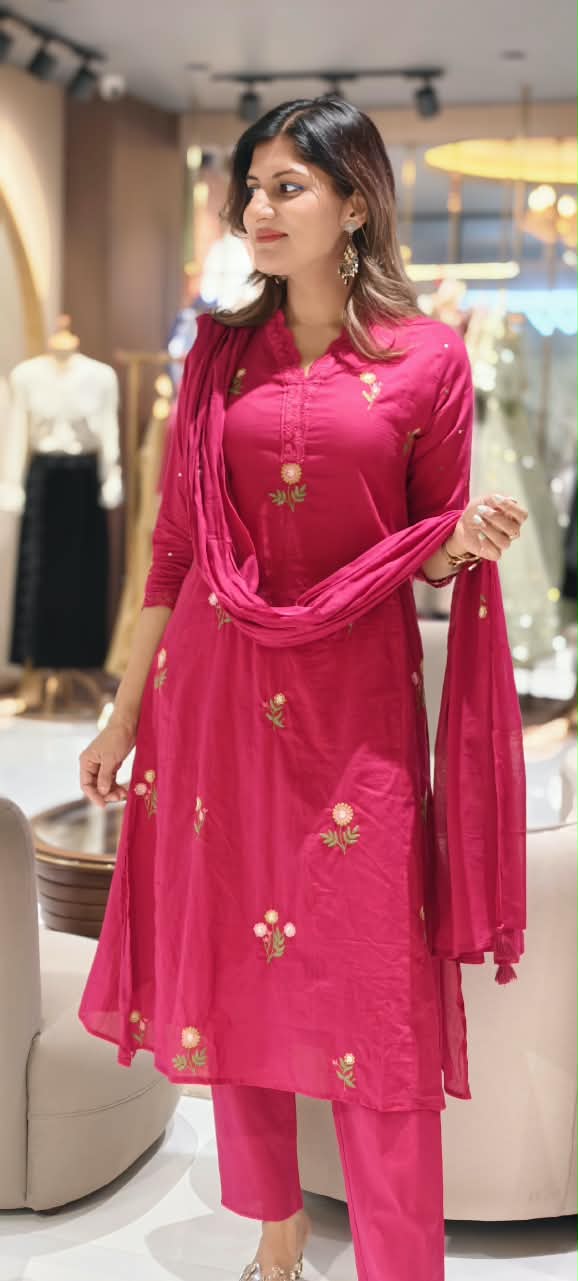 Lace Trimmed Neckline Tiny Floral Embroidery Sili Cotton Full Suit Set With Dupatta- 16317