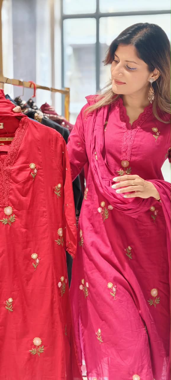 Lace Trimmed Neckline Tiny Floral Embroidery Sili Cotton Full Suit Set With Dupatta- 16317