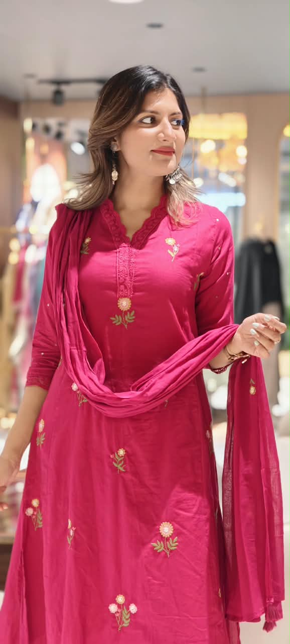 Lace Trimmed Neckline Tiny Floral Embroidery Sili Cotton Full Suit Set With Dupatta- 16317