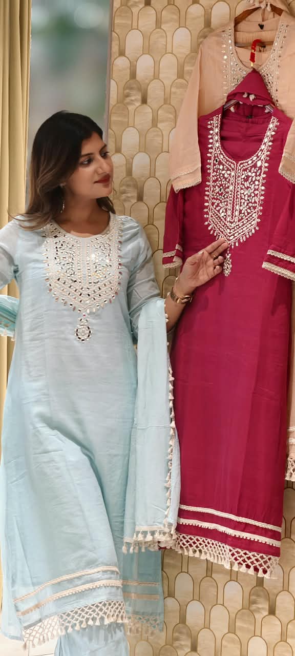 Lean Fit Handcrafted Mirror Work Yoke Full Suit Set with Sheer Scalloped Fringe Borders & Dupatta In Mul-Cotton Fabric- 16315