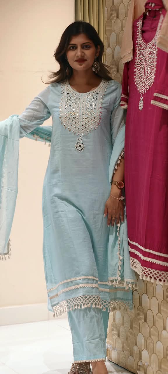 Lean Fit Handcrafted Mirror Work Yoke Full Suit Set with Sheer Scalloped Fringe Borders & Dupatta In Mul-Cotton Fabric- 16315