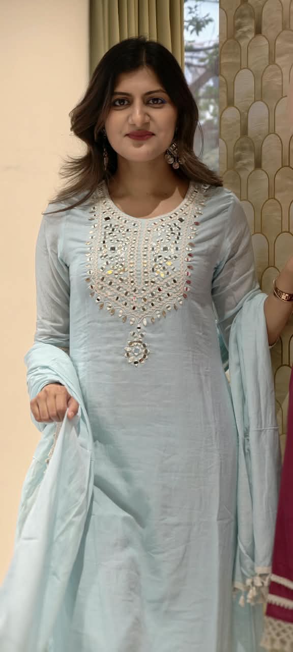 Lean Fit Handcrafted Mirror Work Yoke Full Suit Set with Sheer Scalloped Fringe Borders & Dupatta In Mul-Cotton Fabric- 16315