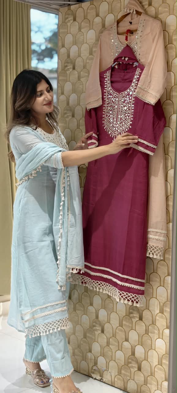 Lean Fit Handcrafted Mirror Work Yoke Full Suit Set with Sheer Scalloped Fringe Borders & Dupatta In Mul-Cotton Fabric- 16315
