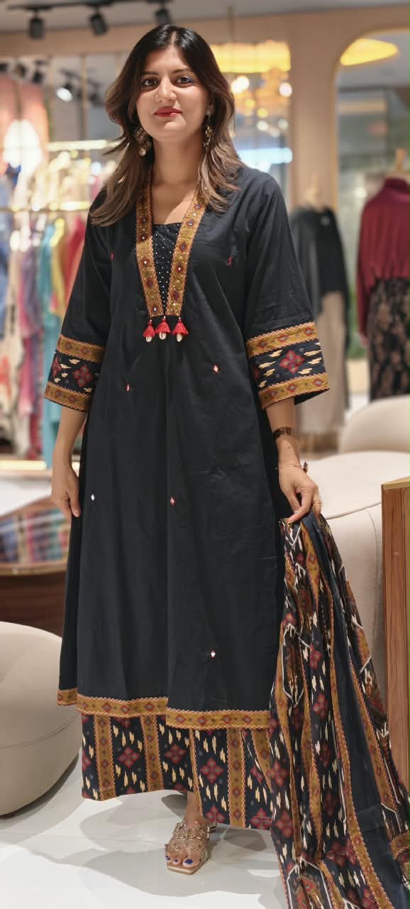 Classic Printed V-Neck Tassel Accent A-Line Cotoon Full Suit Set With Dupatta & Printed Bottom- 16250 6250