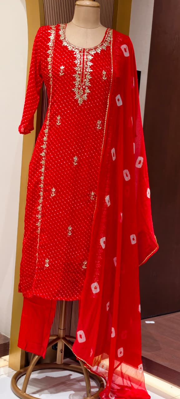Gotta Leaf Zardosi Embroidered Leheriya Elegance Vibrant Georgette Full Suit Set With Dupatta- 15709
