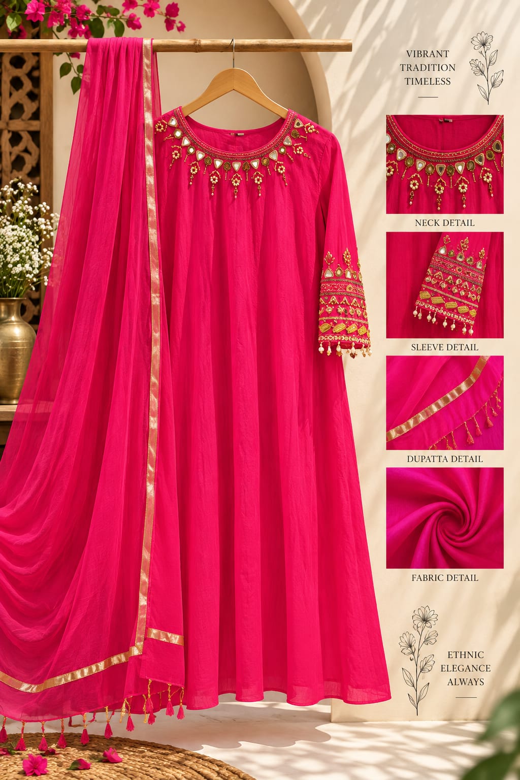 Cowrie Shell Beadwork Dangles Accent Neckline & Sleeves A-Line Full Suit Set With Dupatta- 16354