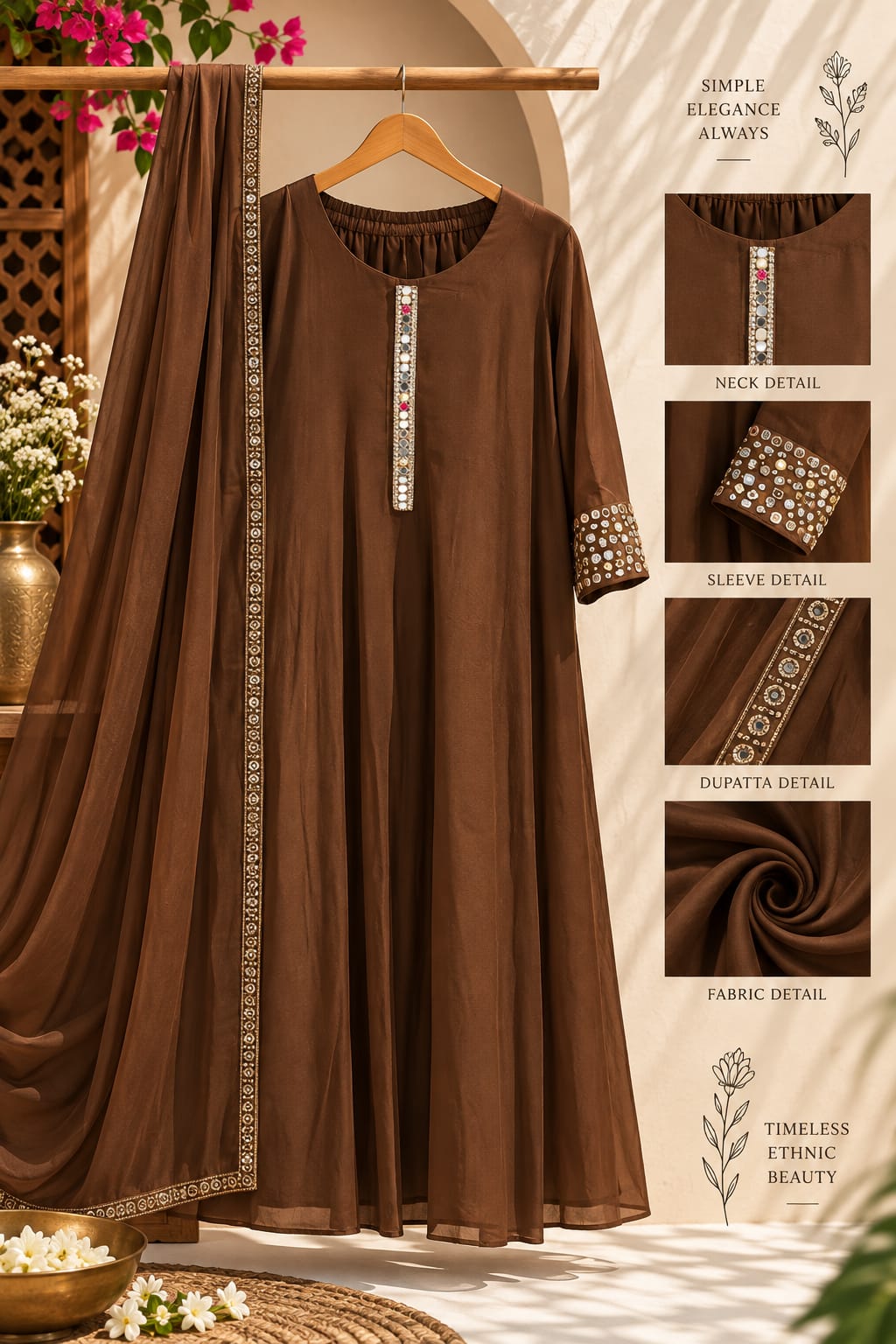 Elegant Seesha Work Over Sleeve & Neckline Surat Mul-Chanderi Panel Anarkali Full Suit Set With Dupatta- 16371