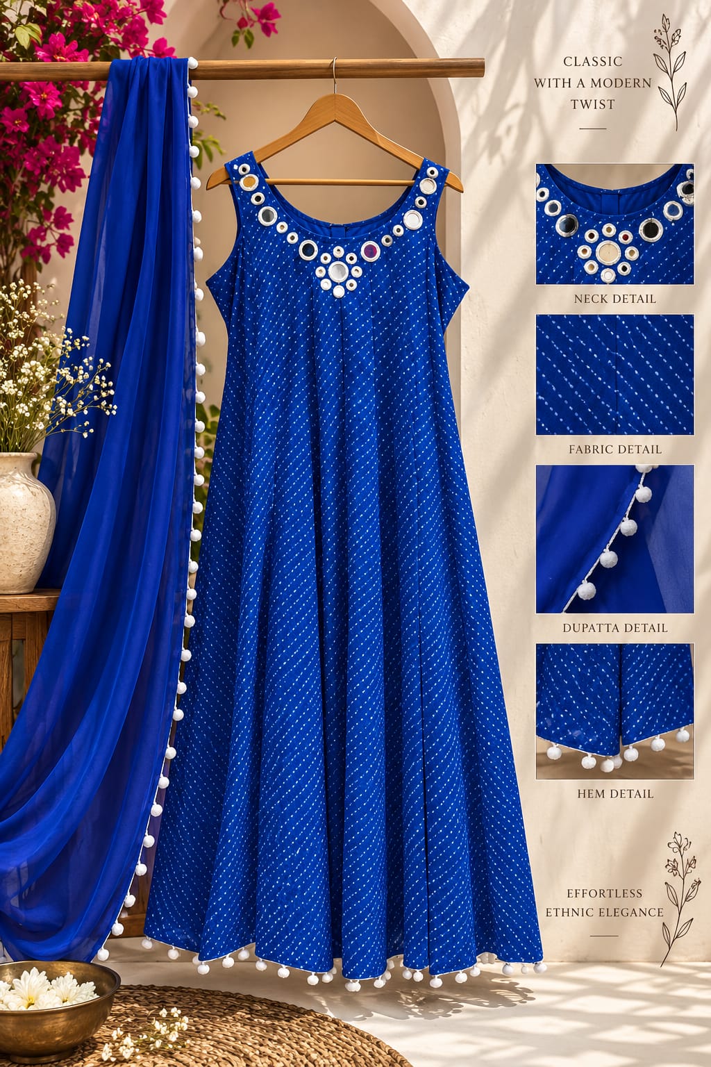 Real Mirror Rounded Neckline Leheriya Print Semi Georgette Panel Anarkali Full Suit Set With Pom-Pom Dupatta- 16377