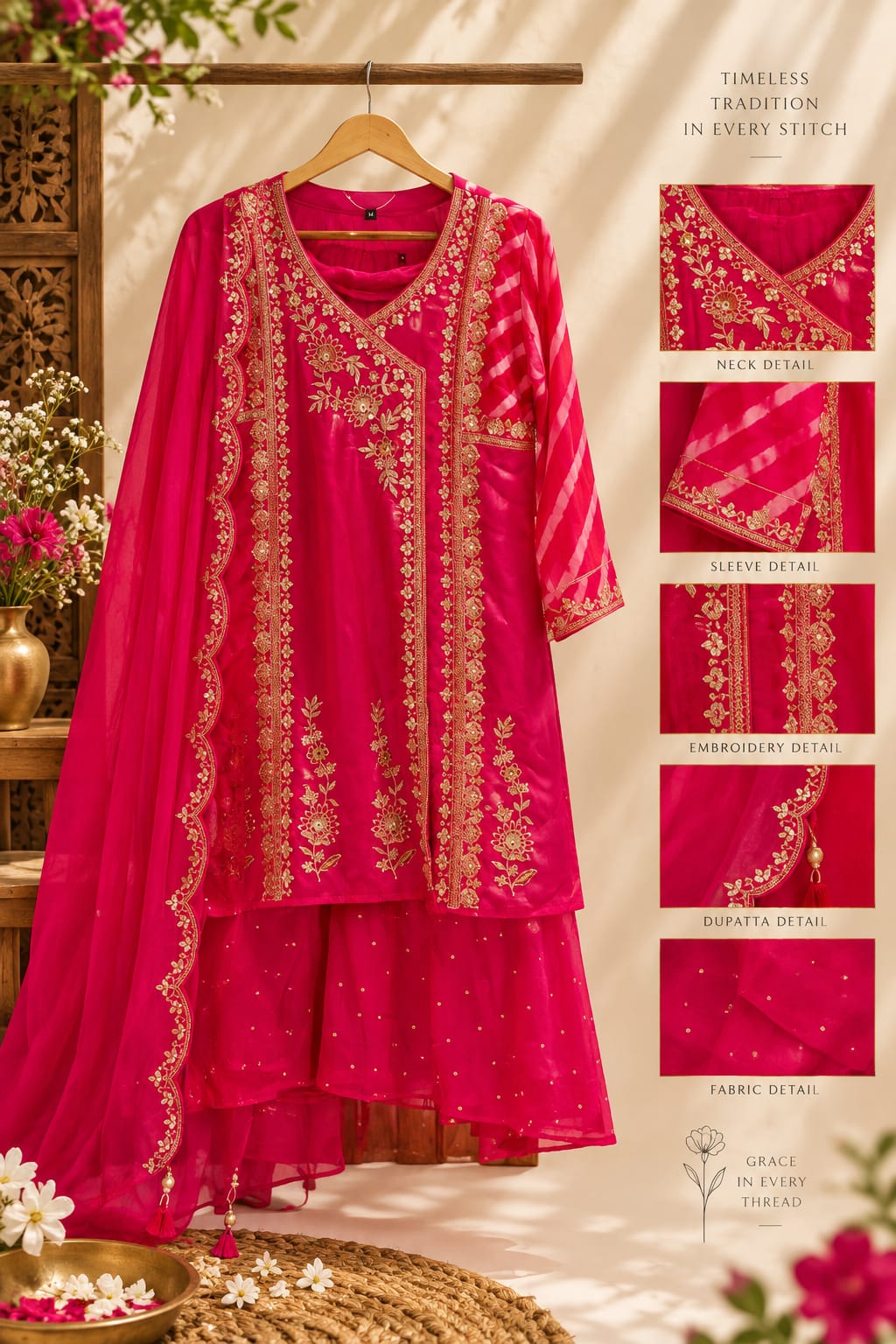 Angrakha Style Heavy Zardosi Embroidery Fuschia Elegance Full Suit Set With Matching Dupatta & Palazzo Bottom- 16320