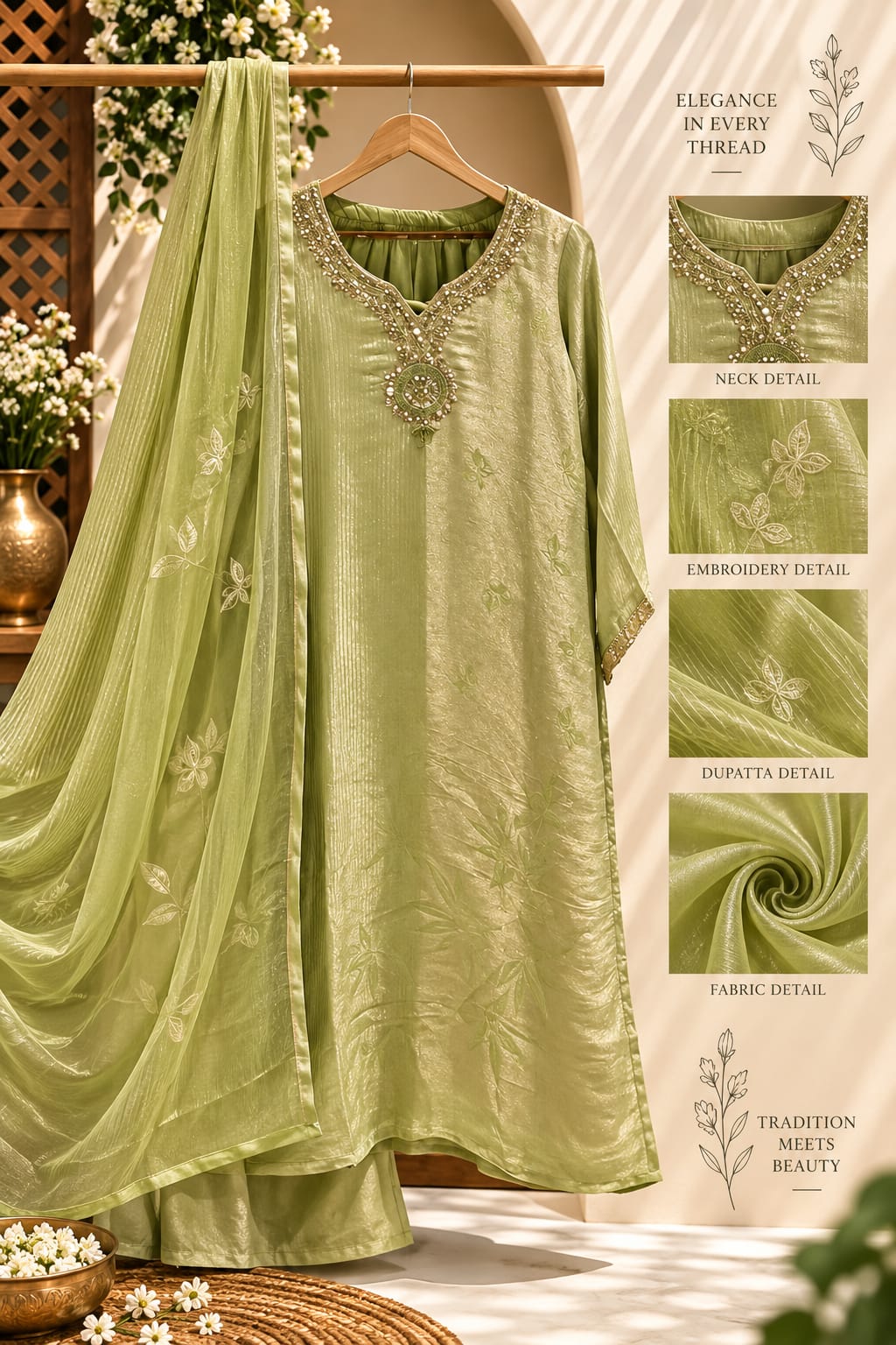 Graceful Green Minimal Neckline A-Line Kanchipuram Silk Straight Full Suit Set With Floral Embossed Dupatta- 16351