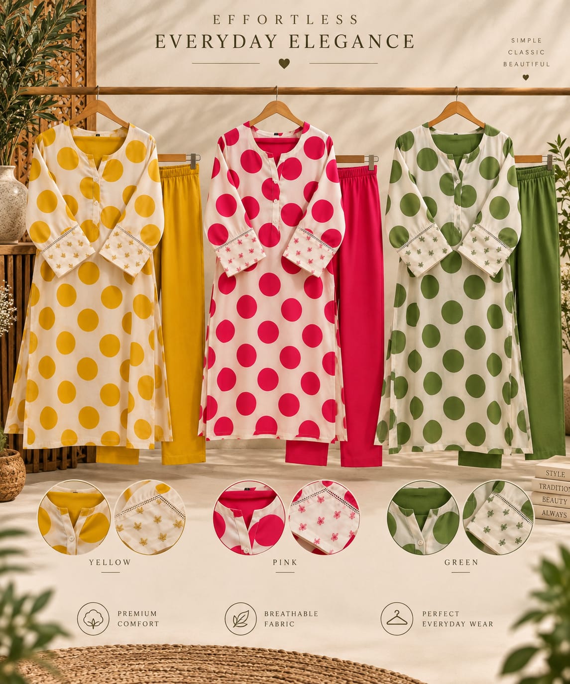 Twin Contasted Cheerful Polka Dotted Beaded Sleeve Straight Full Suit Set With Dupatta- 16352