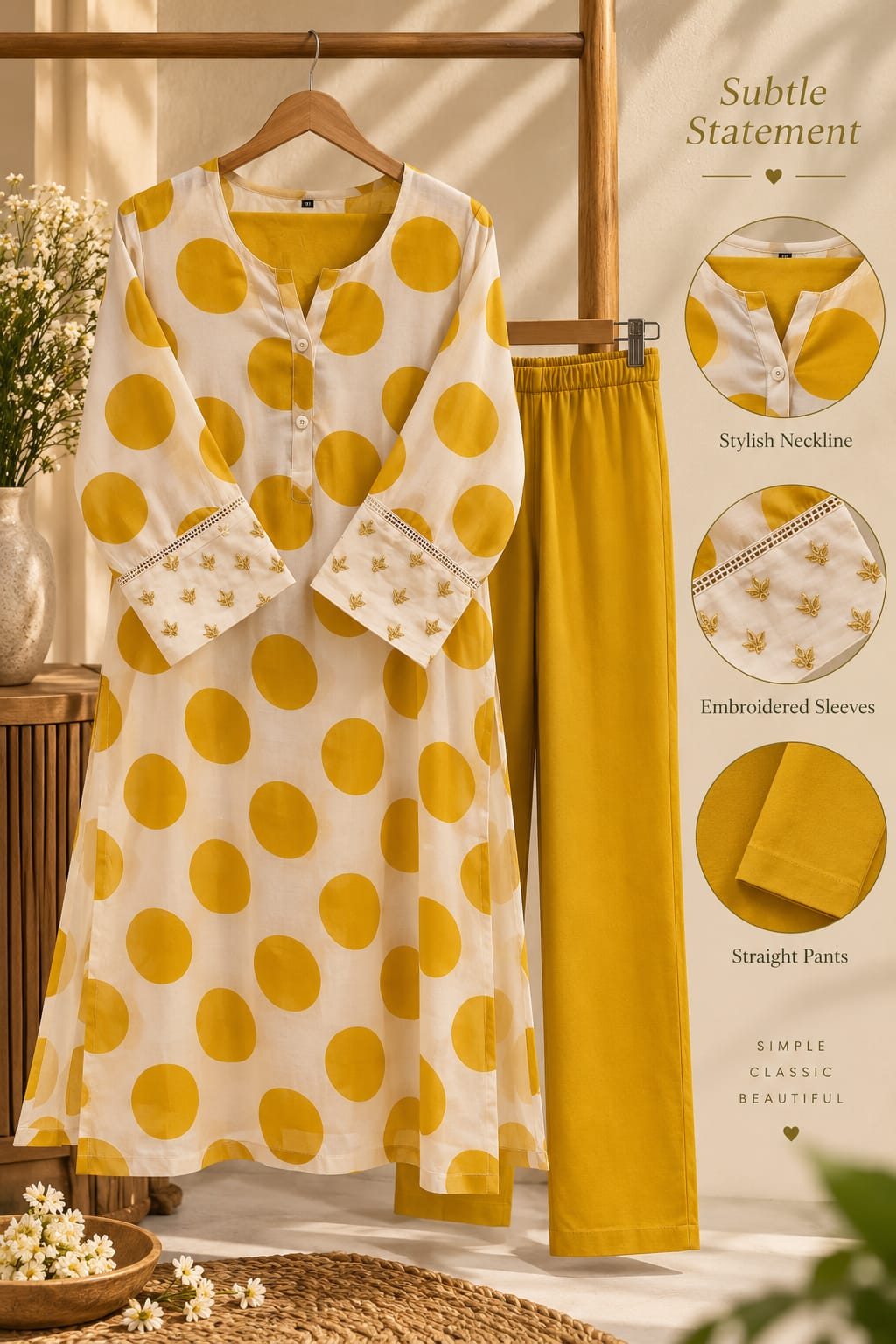 Twin Contasted Cheerful Polka Dotted Beaded Sleeve Straight Full Suit Set With Dupatta- 16352