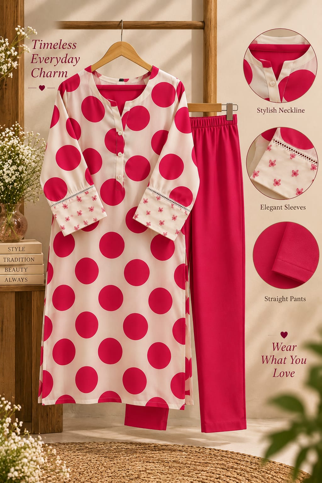 Twin Contasted Cheerful Polka Dotted Beaded Sleeve Straight Full Suit Set With Dupatta- 16352