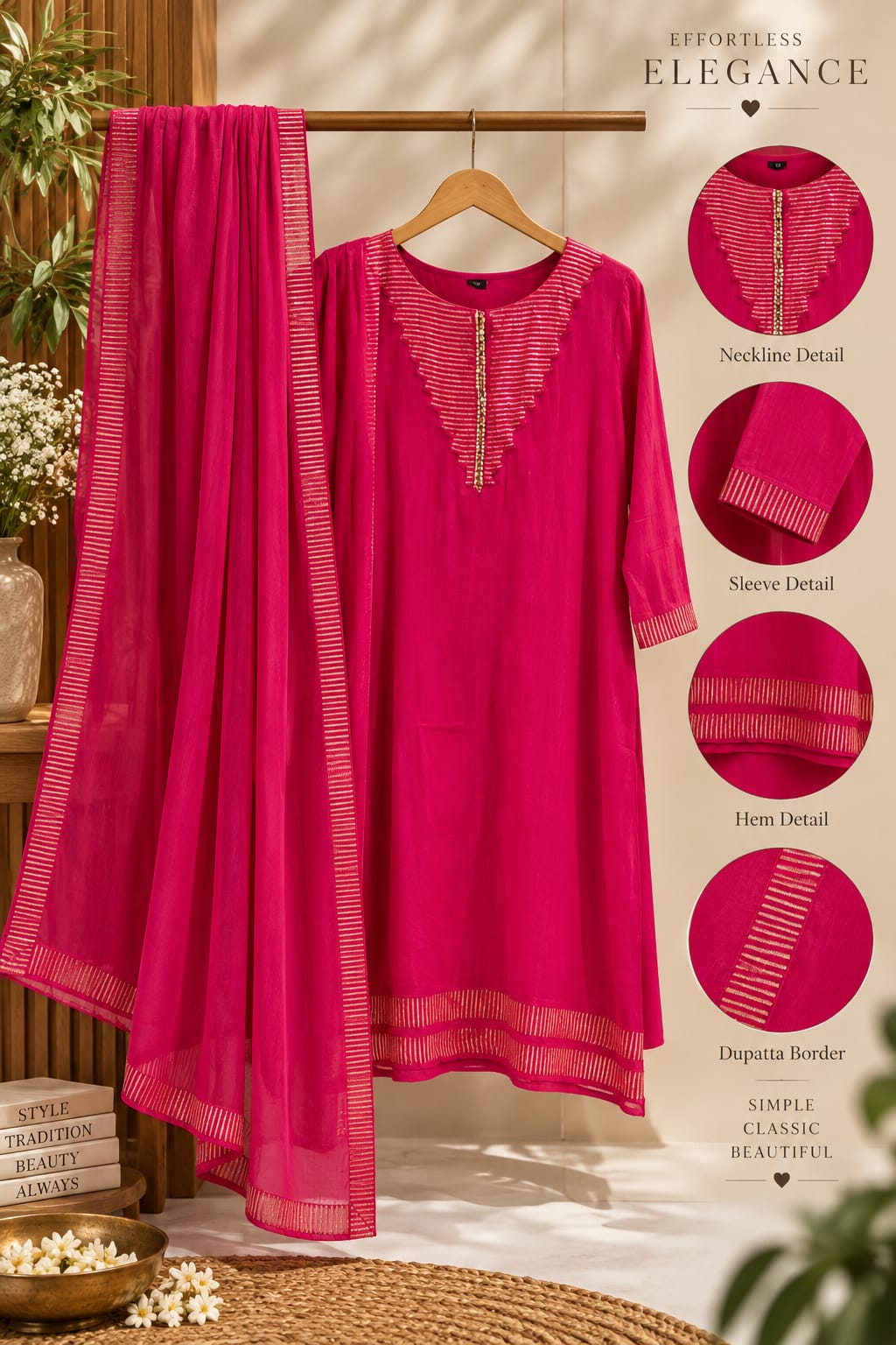 Rani Elegance Minimal Golden Stripes Sequin Neckline A-Line Full Suit Set With Dupatta- 16349(Lean Fit)