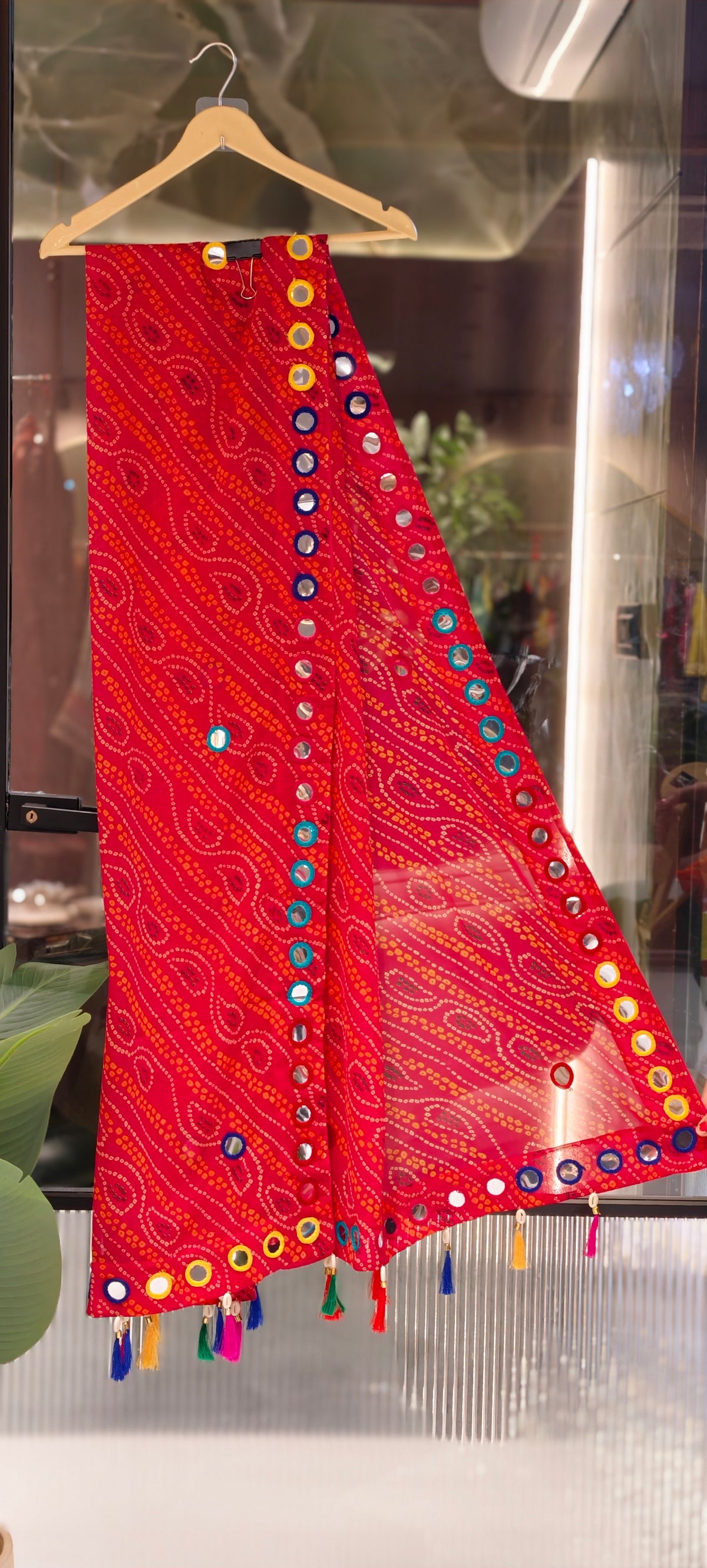 Bright Bandhani Printed Dupatta with Mirror Work & Colorful Tassels- 16396