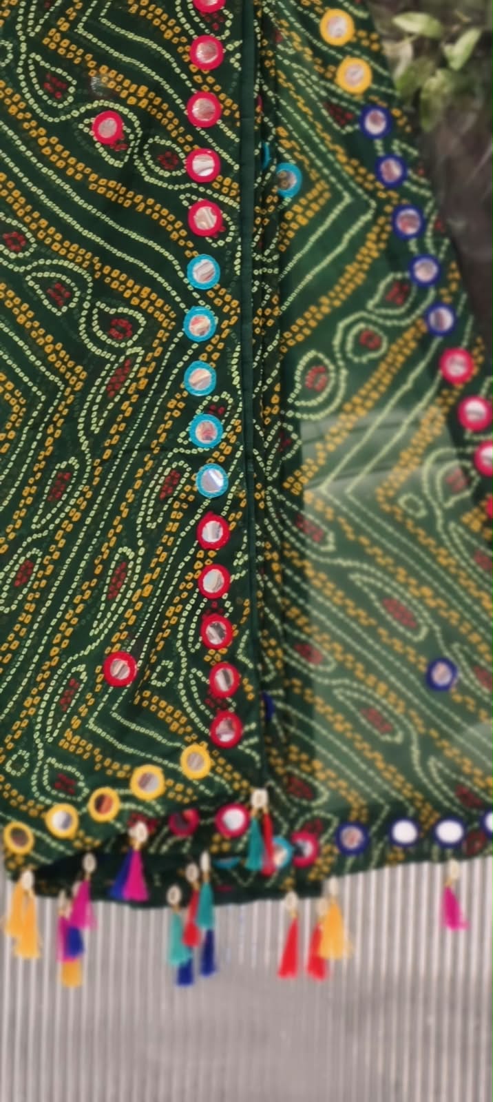Bright Bandhani Printed Dupatta with Mirror Work & Colorful Tassels- 16396