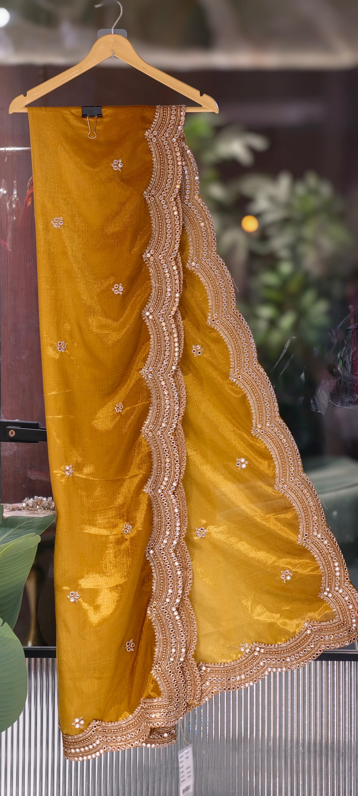 Mustard Elegance Glazy Dupatta with Cutwork & Hand Embroidery- 16395