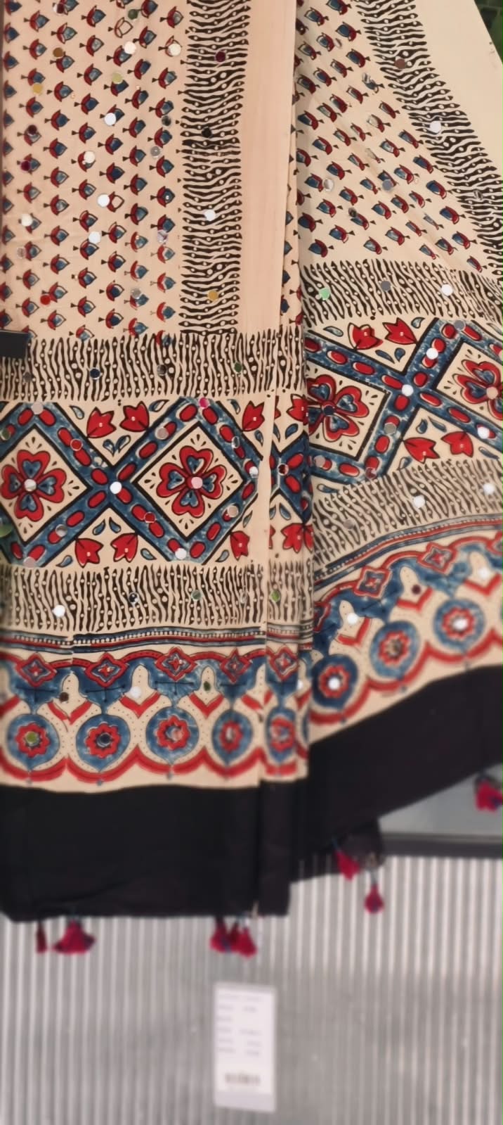 Real Mirror Work With Tassels Block Printed Garba Inspired Dupatta- 16398