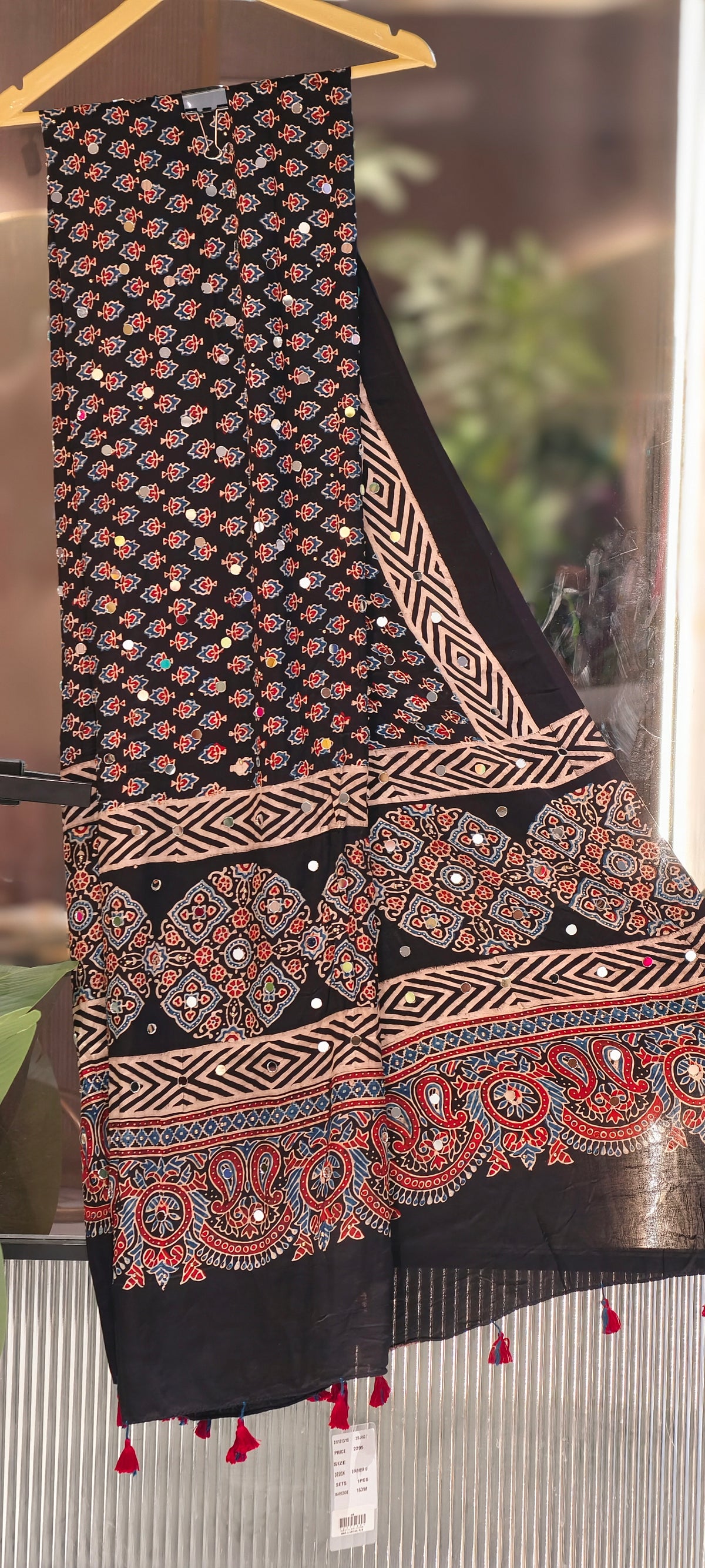Real Mirror Work With Tassels Block Printed Garba Inspired Dupatta- 16398