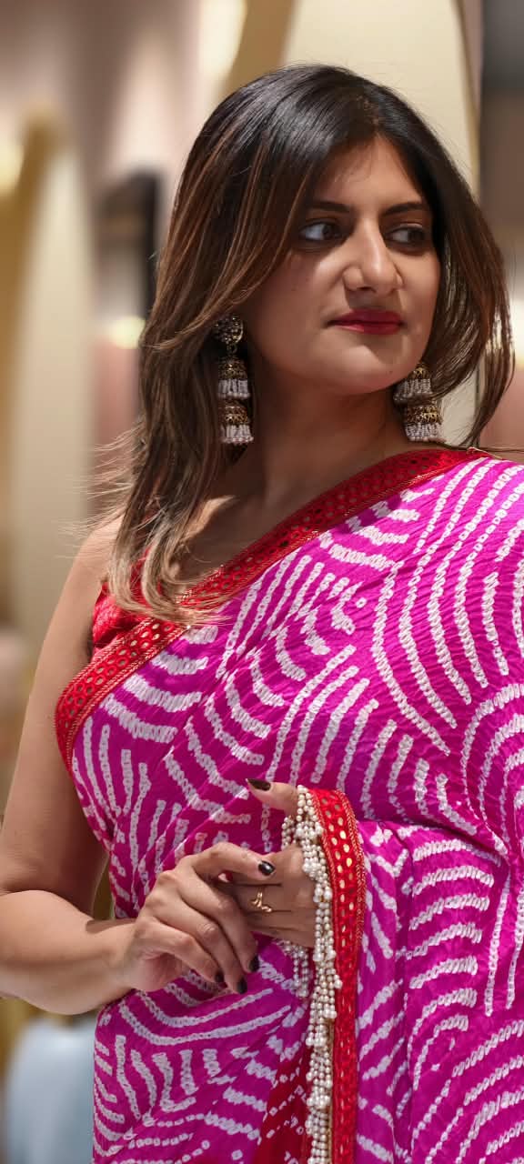 Hot Red Back Bow Style Pure Organza Stitched Blouse With Bandhej Printed Saree With Pearl Accented Tassel Bordered- 15083