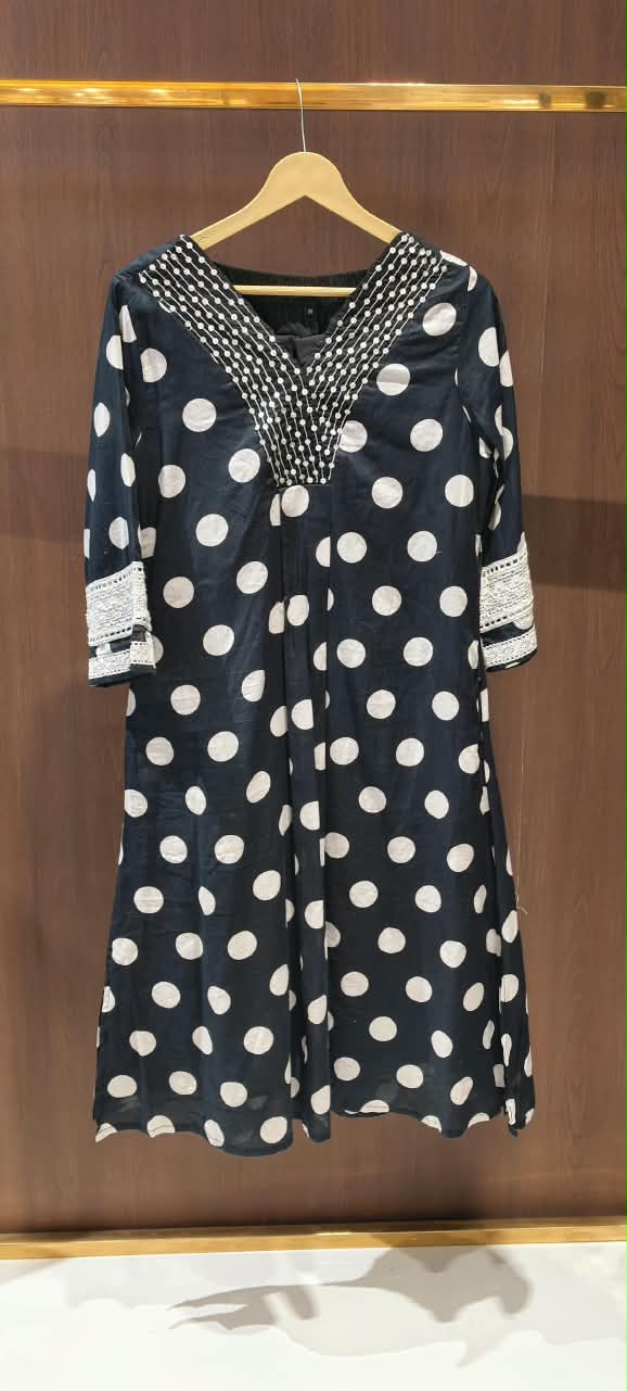 Polka Prints Crosia Lace Work Over Sleeves A-Line Cotton Kurta Pant Set- 16368