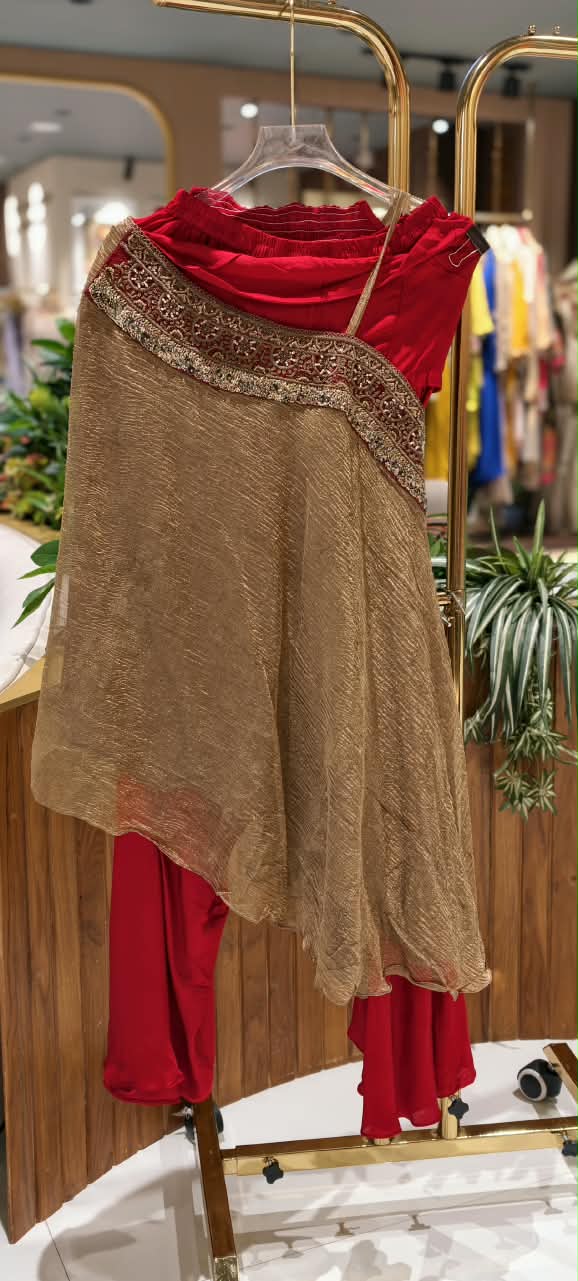 Ruby Blossom Stylish One Sided Off Shoulder Crush Look Flared Kurta With Loose Vibrant Bottom Indo-Wear- 16421