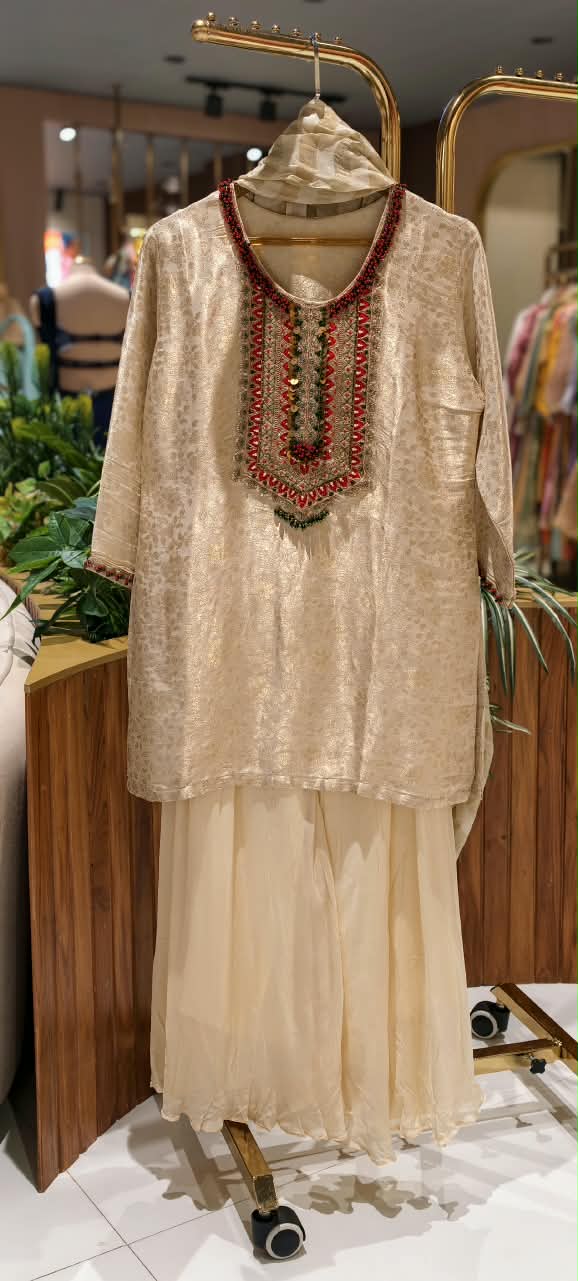 Sheer Brocade Vibrant Beaded Highlights Front Design Full Suit Set With Striped Dupatta & Chinon Palazzo Bottom- 16399