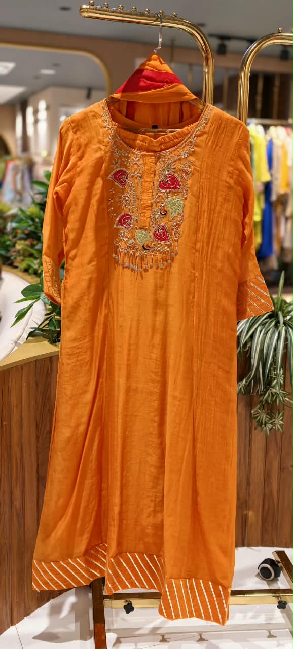 Leaf Embroidered Yoke With Sequin Highlights & Tassels A-Line Mul-Chanderi Full Suit Set With Dupatta- 16433