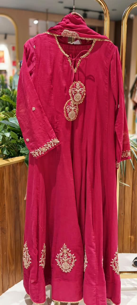 Golden Gotta Ribbon Moti & Sitara Detailing Panel Anarkali Full Suit Set With Dupatta- 16426