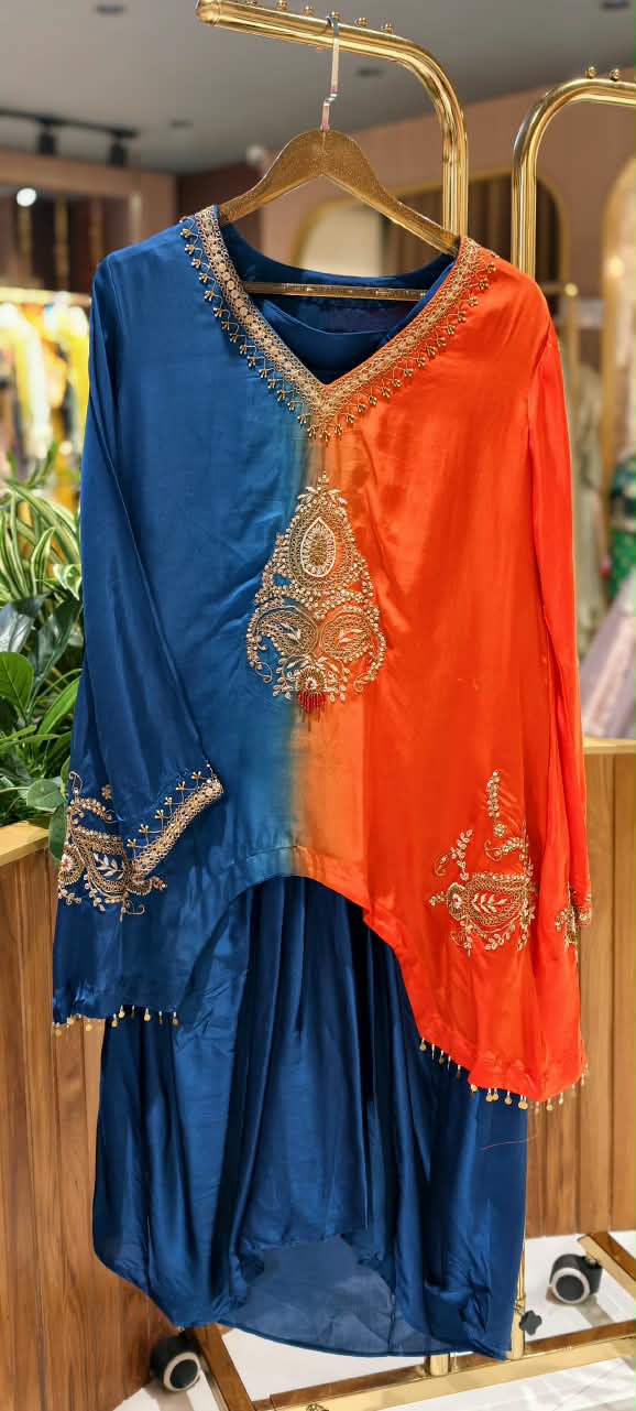 Delicate Zardosi Kundan Look Embroidered Work Twin Contrasted Indo-Wear High-Low Kurta With Drape Bottom- 16415