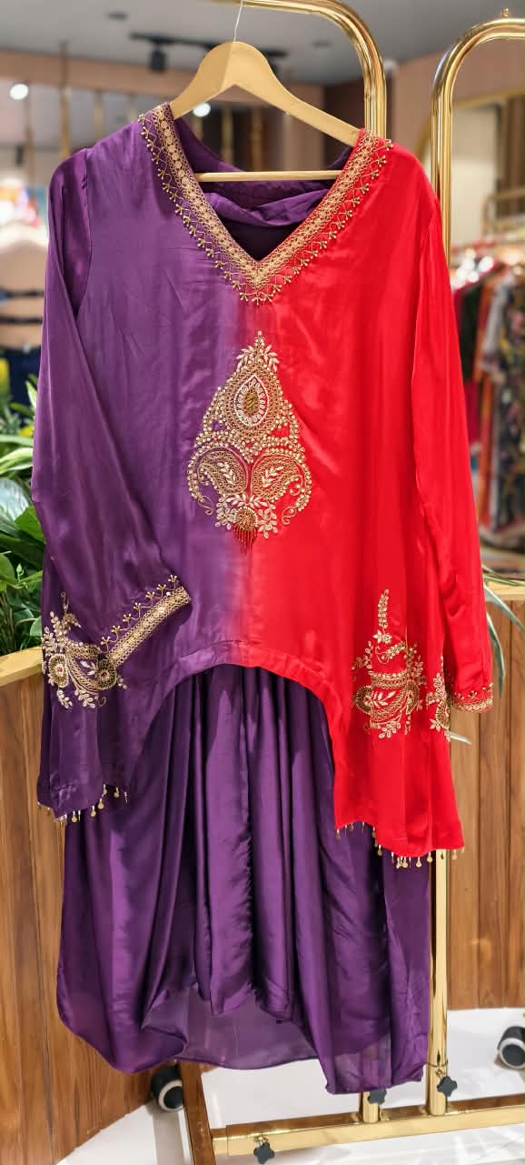 Delicate Zardosi Kundan Look Embroidered Work Twin Contrasted Indo-Wear High-Low Kurta With Drape Bottom- 16415