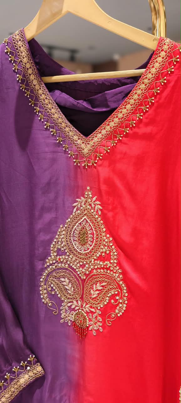 Delicate Zardosi Kundan Look Embroidered Work Twin Contrasted Indo-Wear High-Low Kurta With Drape Bottom- 16415