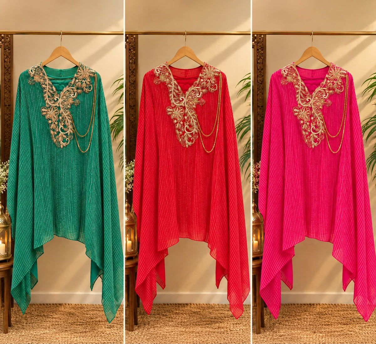 Elegant Dabka Embroidered Yoke With Stylish Chain Accent Striped Kaftan With Harem Bottom Indo-Wear- 16414